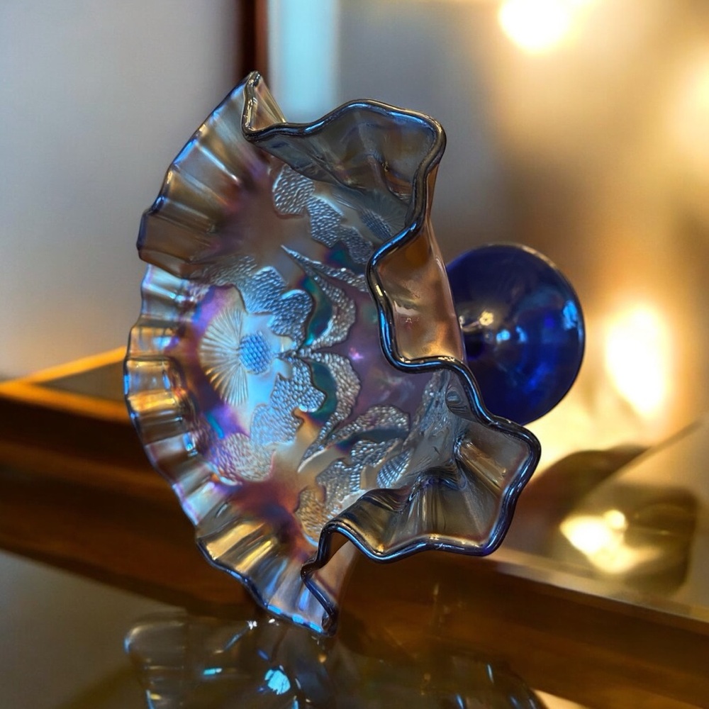 Antique Fenton Scotch Thistle Blue Carnival Glass Compote Ruffled Dish